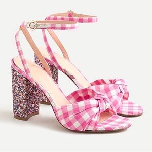 J. Crew Pink Gingham Glitter Heel Sandals